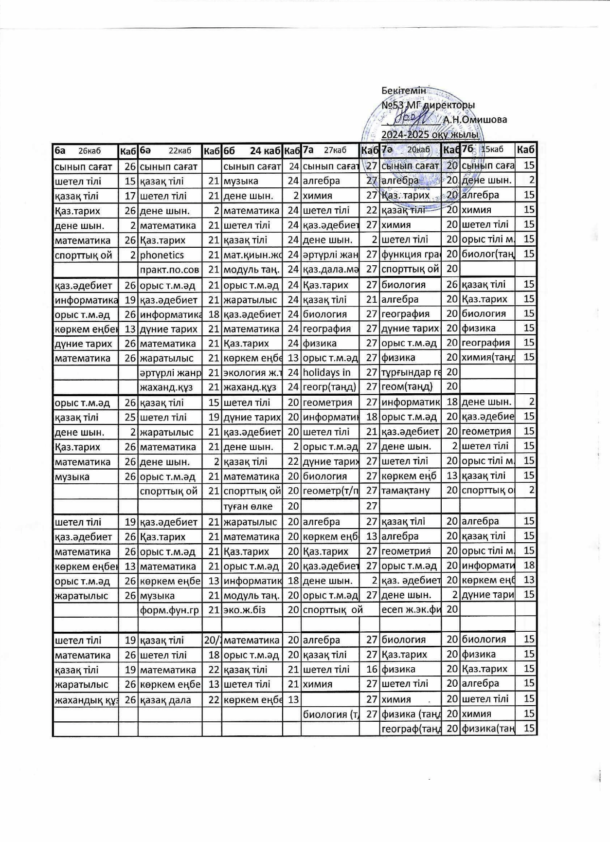 Сабақ кестесі 2024-2025 оқу жылы