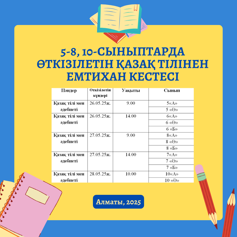 5-8, 10-СЫНЫПТАРДА ӨТКІЗІЛЕТІН ҚАЗАҚ ТІЛІНЕН ЕМТИХАН КЕСТЕСІ