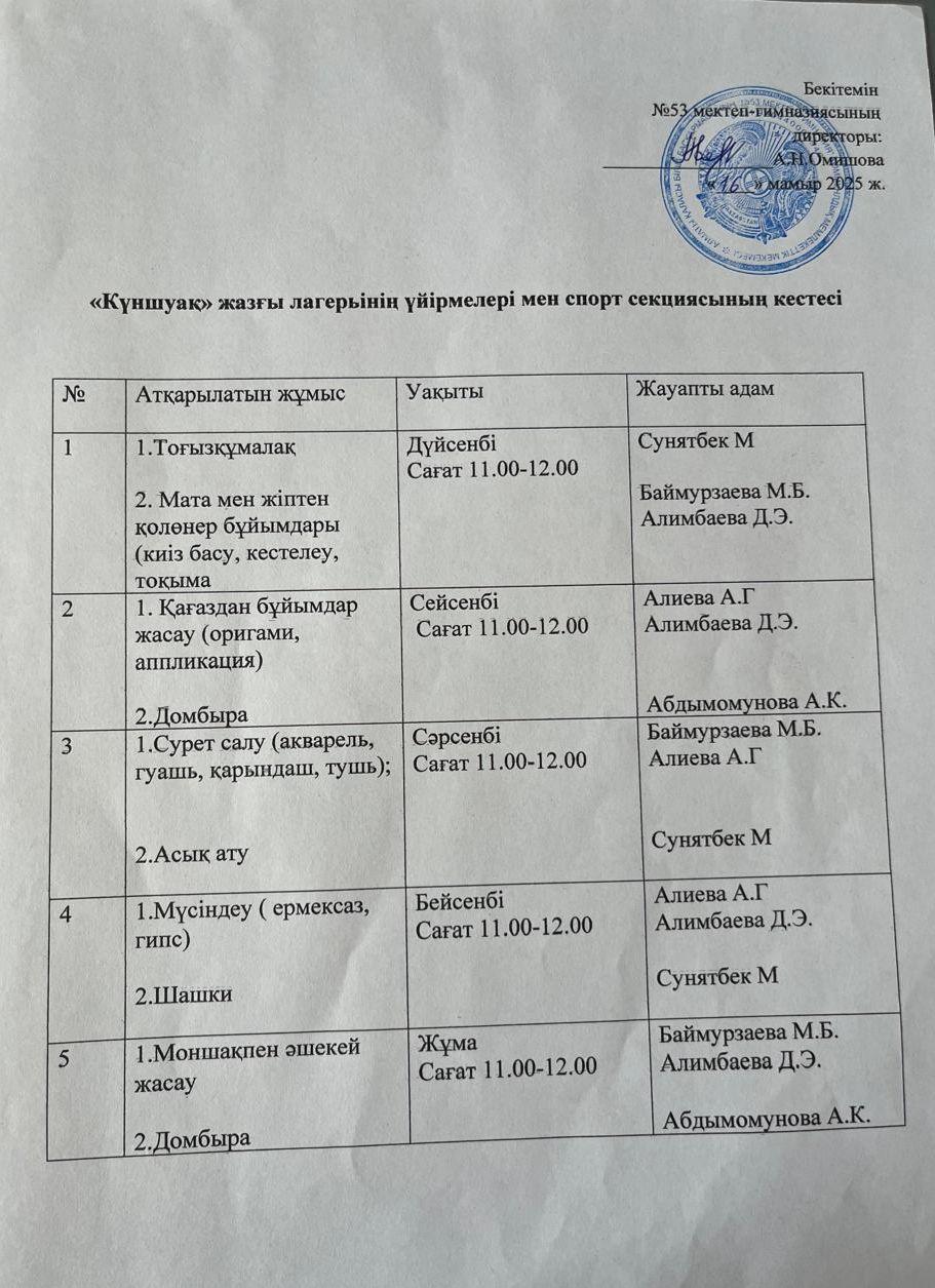 "КҮНШУАҚ" ЖАЗҒЫ ЛАГЕРІНІҢ ҮЙІРМЕЛЕРІ МЕН СПОРТ СЕКЦИЯСЫНЫҢ КЕСТЕСІ