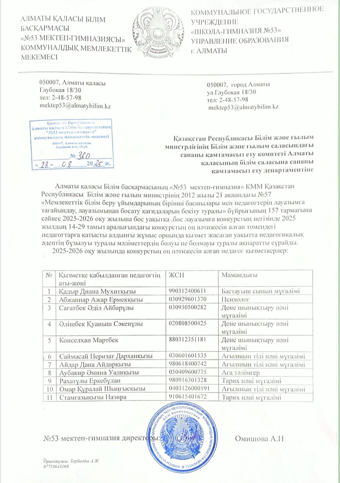 2025-2026 оқу жылында конкурстың оң нәтижесін алған педагог қызметкерлер